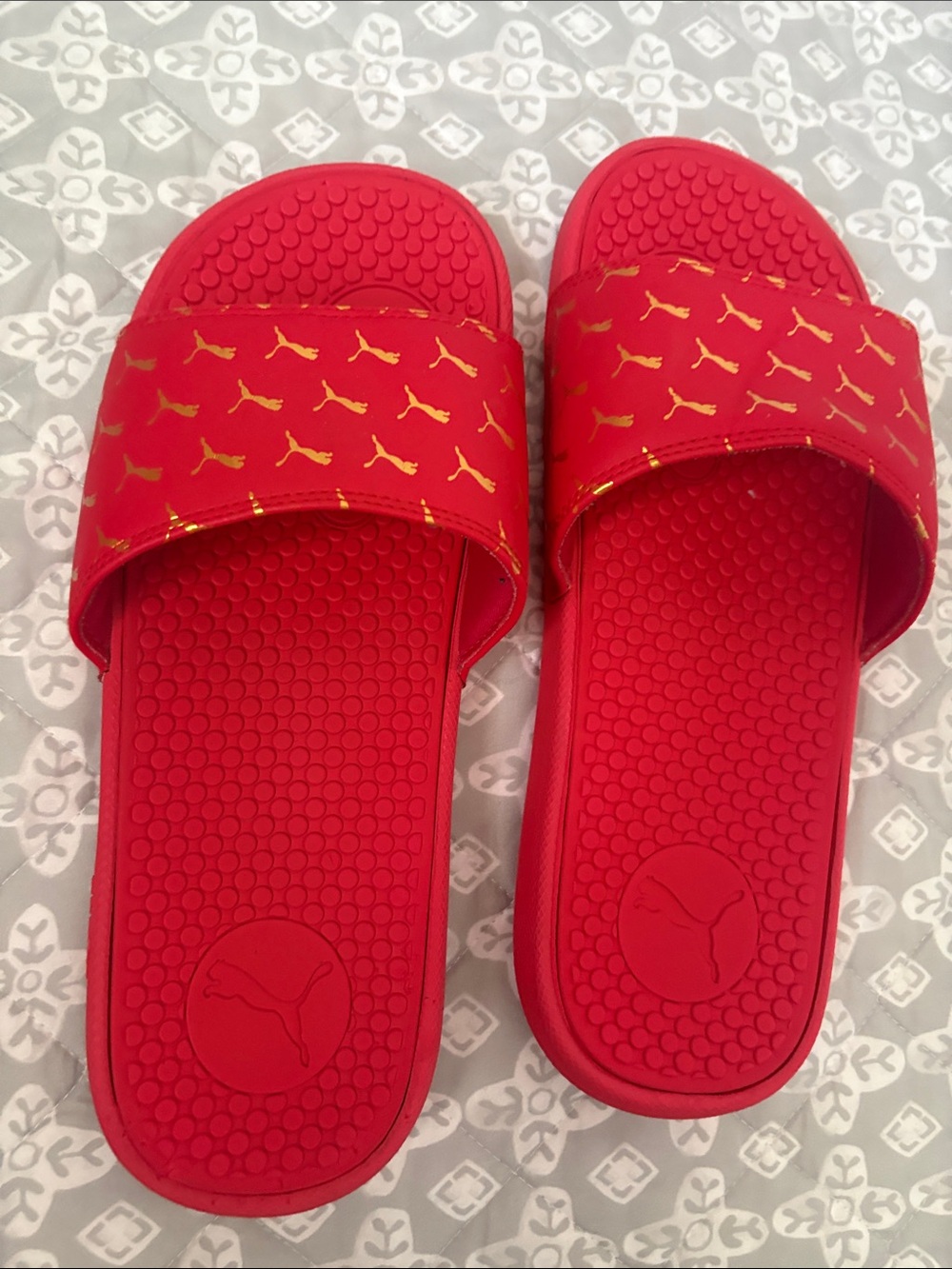 Puma Red Slide Sandals with Gold Mini Cat Logos